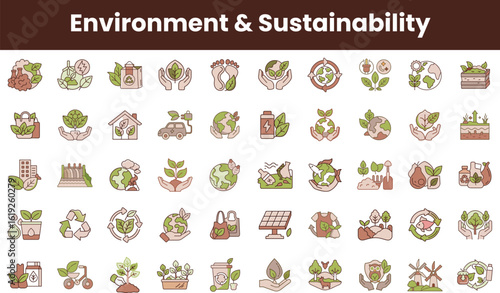 A vibrant collection of eco-friendly icons illustrating themes of environmental awareness and sustainability, featuring leaves, recycling symbols, and Earth motifs.