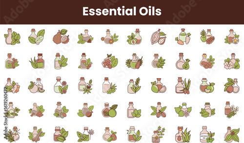 A vibrant collection of essential oil illustrations, featuring various plants and bottles. Perfect for wellness, relaxation, and natural remedies.