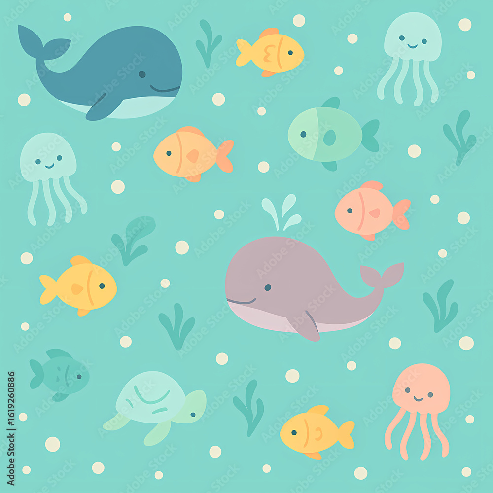 Fototapeta premium A whimsical cartoon illustration featuring various sea creatures including whales, jellyfish, fish, and a turtle on a light blue background with white bubbles and seaweed.