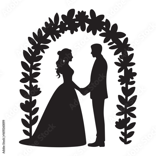 Silhouette of a bride and groom holding hands under a floral wedding arch symbolizing their union
