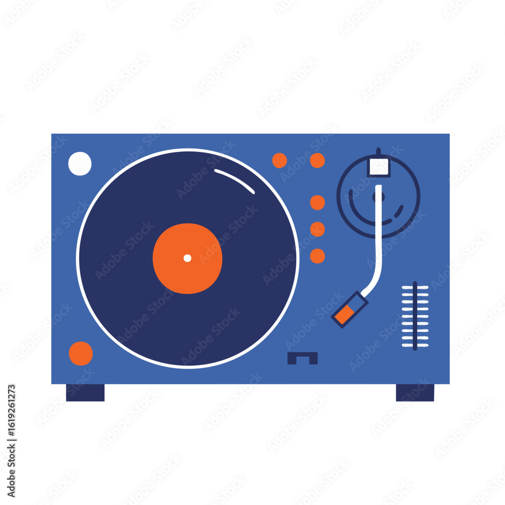 Obraz premium Stylized Blue Turntable with Orange Accents and a Dark Blue Vinyl Record