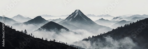 Majestic Snow-Capped Mountain Peak Surrounded by Misty Forests in Black and White Landscape