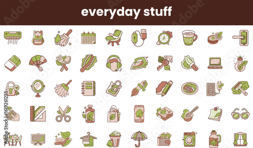 A colorful collection of everyday icons, featuring a blend of household items and activities, creating a vibrant and cozy illustration of daily life.
