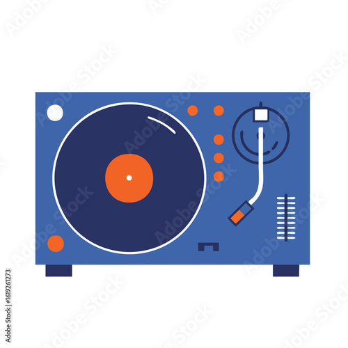 Stylized Blue Turntable with Orange Accents and a Dark Blue Vinyl Record
