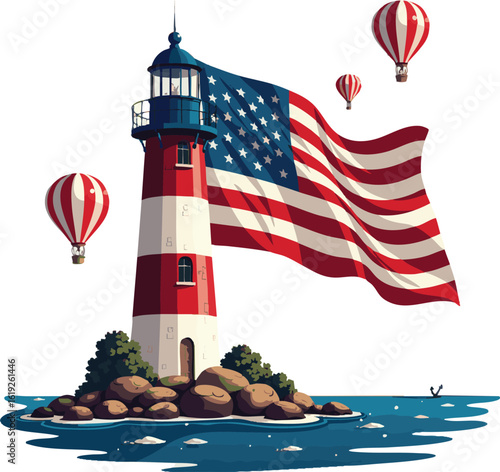 White lighthouse tower stands tall on a coastal island, its beacon illuminating the blue ocean and sky, a red-roofed building guiding navigation