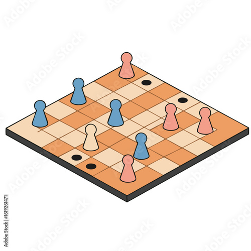 Isometric View of a Board Game with Colorful Pawns and Checkered Pattern.