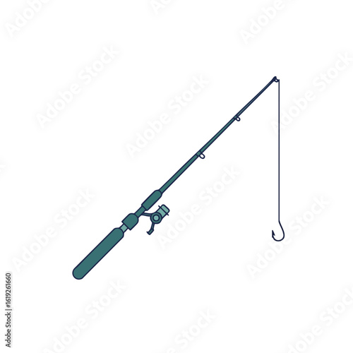 Angled Fishing Rod with Hook, Reel, and Line, Isolated Illustration.