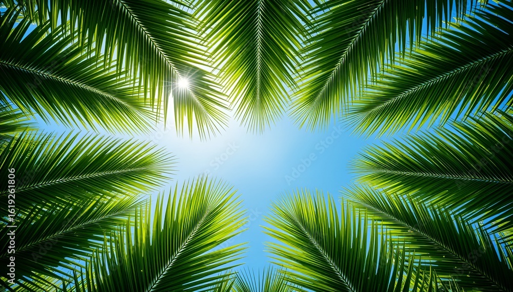 Obraz premium Looking up through bright green palm fronds framing a clear blue sky on a sunny day, vibrant
