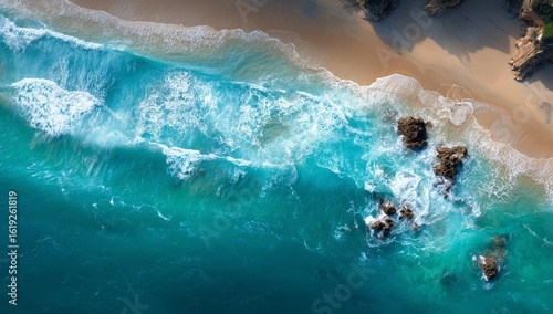Aerial top view of a stunning white sand beach with turquoise ocean waves gently crashing on the shore under natural sunlight, captured in minimalistic and hyper realistic style with sharp details and