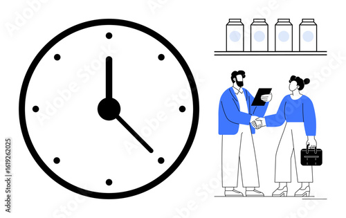 Clock indicating time, a man and woman shaking hands with documents and briefcase. Ideal for teamwork, productivity, agreement, time management, professionalism, scheduling partnerships. Simple flat