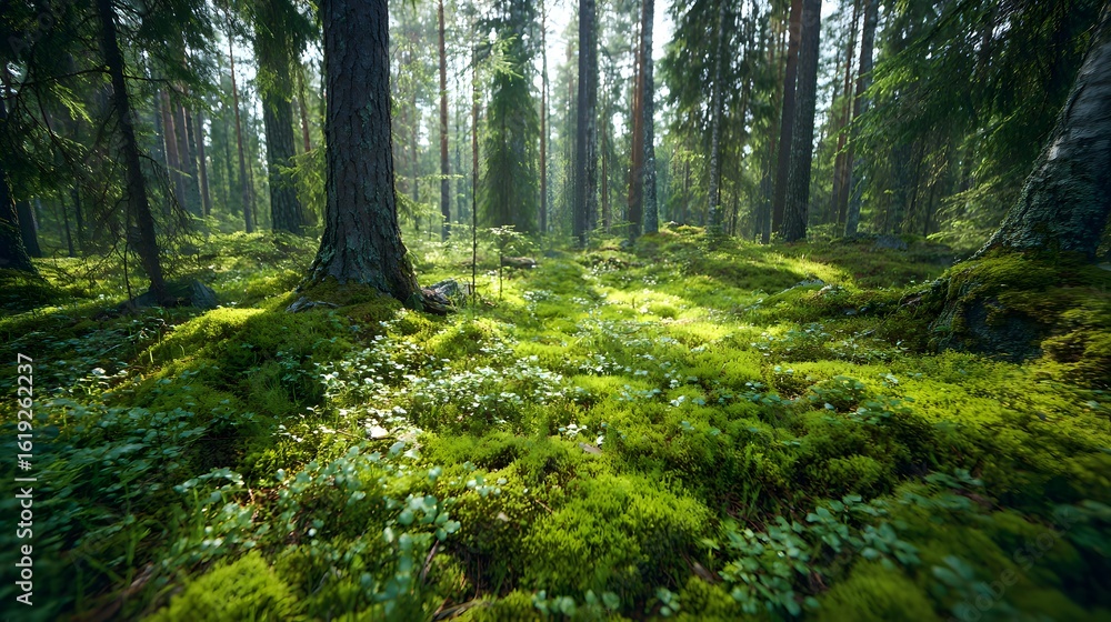 Obraz premium Lush forest floor covered in moss and greenery.