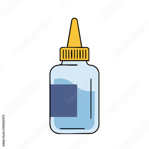 Cartoon-style glue bottle with yellow applicator and blue label detail