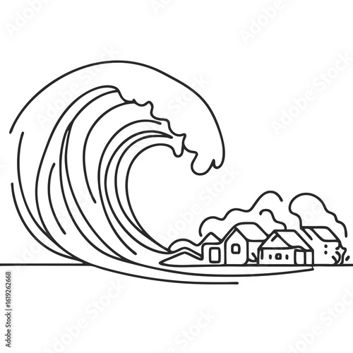 Line art illustration of wave crashing over houses by the shore  