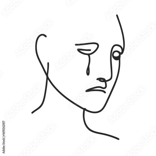 Abstract line drawing of a sad face with a tear, emotions of sadness 
