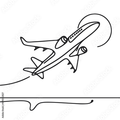Continuous line drawing of an airplane taking off against horizon  