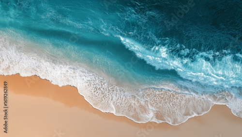 Aerial top view of a stunning white sand beach with turquoise ocean waves gently crashing on the shore under natural sunlight, captured in minimalistic and hyper realistic style with sharp details and