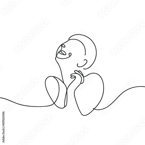 Abstract line drawing of a person smiling with closed eyes, happiness 