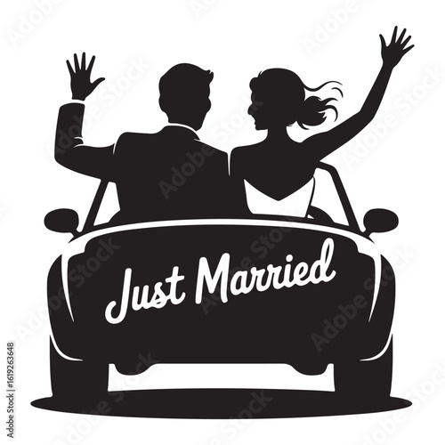 Silhouette of a happy newlywed couple in a car with just married written on the back celebrating their union