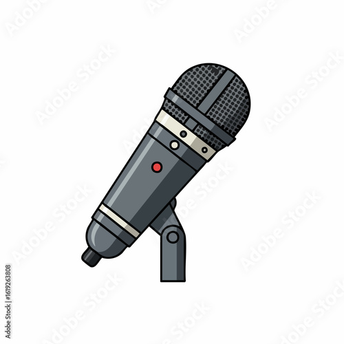 Cartoon-style gray microphone with a black mesh head and a small stand