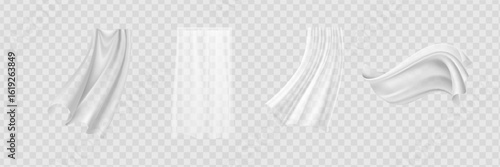 Set of realistic fluttering white cloths, soft lightweight clear material isolated on transparent background vector illustration