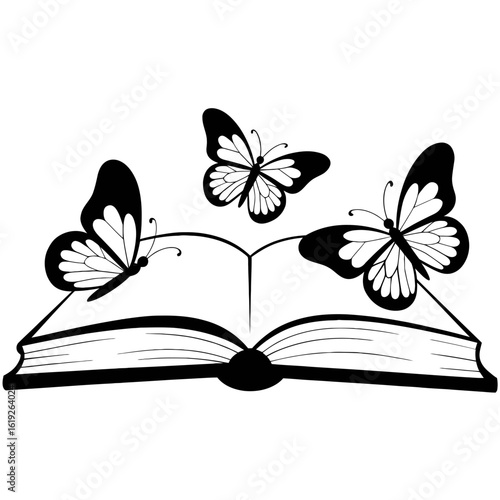 Open book with three flying butterflies above