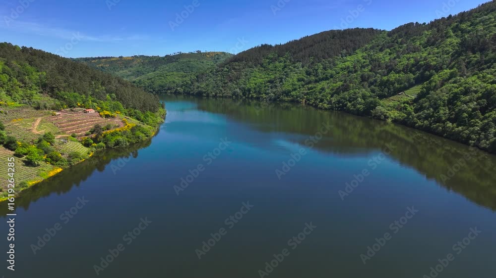 Scenic Mountains Densely Covered With Trees Along The Minho River Near Miradoiro da Cariza In Lugo, Spain. Aerial Drone Shot Scenic Mountains Densely Covered With Trees Along The Minho River Near Miradoiro da Cariza In Lugo, Spain. Aerial Drone Shot