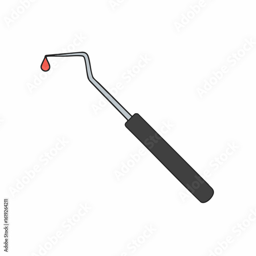 Dental tool with a single red drop hanging from the curved tip