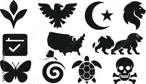 Symbolic Silhouette Icons: Nature, Myth, Legacy & Abstract Objects in Black Vector Style