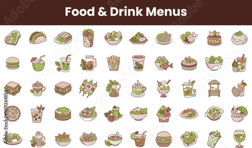 A colorful collection of food and drink menu illustrations, showcasing a variety of delicious items like burgers, salads, and desserts in a playful design.