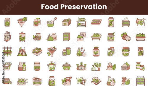 A colorful and diverse collection of food preservation icons, featuring jars, vegetables, and tools, showcasing various methods for preserving fresh produce.