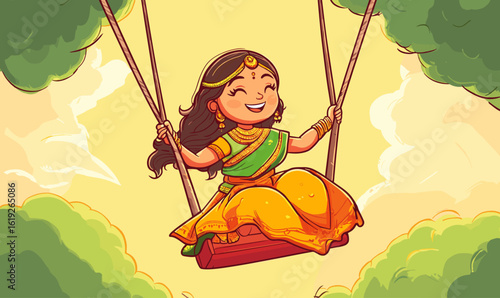Indian woman sitting on a swing illustration flat vector design