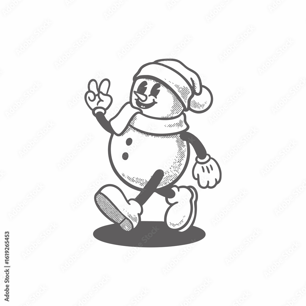 Naklejka premium Snowman groovy cartoon character. Merry Christmas and Happy New Year collection. Retro, icon, snow, illustration, vector, sticker, 70's, mascot, editable, funny, holiday, coloring book, winter