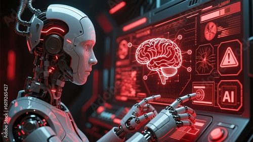 High-risk AI backdrop with futuristic robot facing system error on control interface