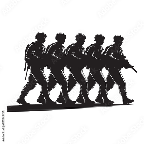 Silhouette of five soldiers in formation advancing with rifles conveying a sense of unity and military action