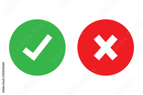 Right and wrong vector icon set rounded color black outline, flat rounded check mark, cross, x mark, circle shape thin line tick mark symbol. Approval and rejection signs isolated on white background