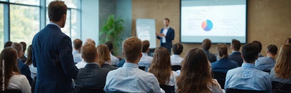 Fototapeta premium Professional business presentation in a conference room with man holding tablet and audience listening attentively.