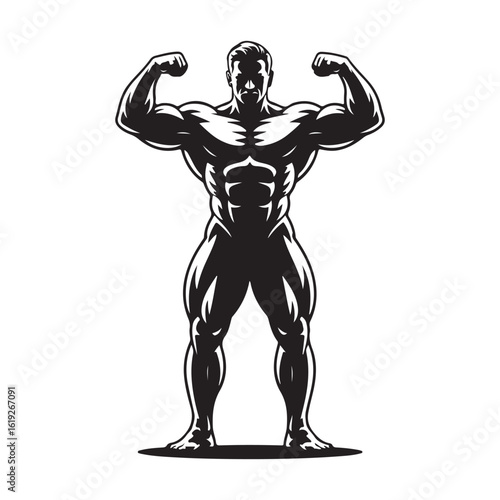 Powerful muscular bodybuilder flexing biceps in a classic front double biceps pose