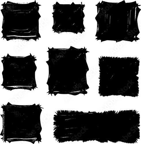 Black vector rough edge rectangles. Grunge square frames set. Jagged edge torn paper background collection. Paint brush strokes. Grungy distressed text boxes. EPS 10 version.