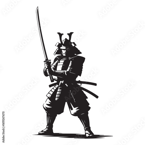 Powerful samurai warrior in traditional armor stands ready with katana sword in dynamic pose