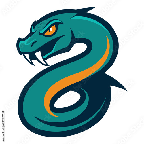Fierce teal and orange serpent mascot with sharp fangs and glowing eyes