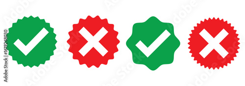 Set of red tick mark and cross mark isolated with white background, check and red cross mark icon set. checkmark and x mark icon use for apps and website. checkmark, icon, vector. 