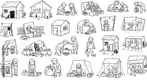 Detailed black and white illustrations portraying poverty and homelessness, featuring children and adults in shacks, tents, and makeshift shelters, often scavenging for food and resources.