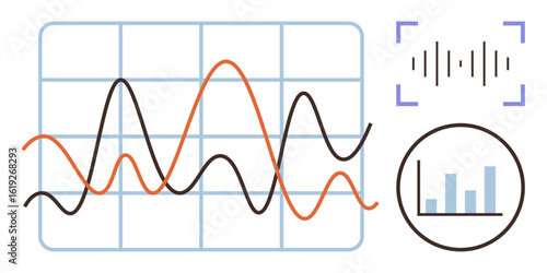 Line graph with fluctuating lines, bar chart, sound wave, and grid background. Ideal for data analysis, statistics, reporting, analytics, trends presentations research simple flat metaphor