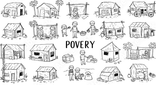 Hand-drawn illustrations depicting global poverty, featuring makeshift homes, food insecurity, and the daily struggles of vulnerable communities, emphasizing hardship and aid.