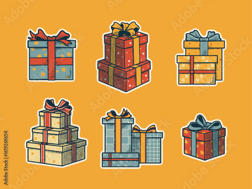 cartoon groovy christmas gift box character. birthday, xmas and happy new year celebration green gift box vector retro mascot. Icon, sticker, colection.