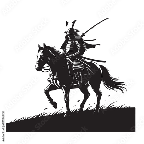 Dynamic silhouette of a japanese samurai warrior on horseback in action