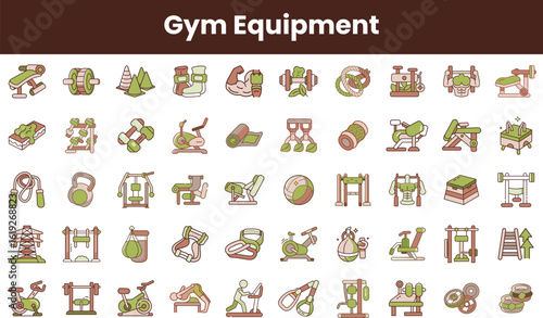 A vibrant array of gym equipment illustrations showcasing various fitness tools like weights, exercise bikes, and yoga mats, perfect for a fitness-related project.