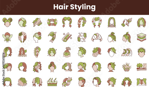 A colorful array of hair styling icons featuring various hairstyles, including braids, buns, and wavy looks, perfect for creativity and inspiration.