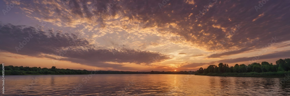 Fototapeta premium Serene Sunset Over Calm River with Vibrant Cloudscape and Green Trees in Distance
