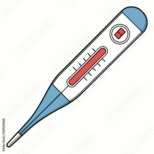 Vector art of a classic mercury thermometer with a red indicator is shown isolated on a white background